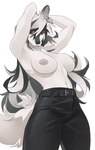 anthro areola arms_above_head belt big_breasts black_bottomwear black_clothing black_pants bottomwear breasts brown_eyes clothed clothing ear_piercing female female_anthro fluffy fluffy_tail front_view fur fur_markings hair kemono looking_at_viewer markings narrowed_eyes nipples pants pants_only piercing simple_background solo tail teeth topless topless_anthro topless_female white_background white_body white_fur bad_aizek canid canine canis mammal wolf 2024 digital_drawing_(artwork) digital_media_(artwork) hi_res portrait three-quarter_portrait