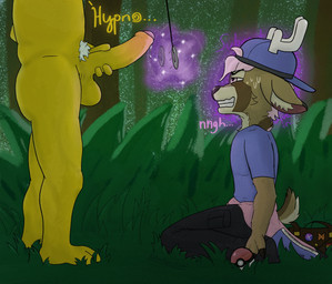 anthro antlers backwards_baseball_cap backwards_hat balls baseball_cap big_balls big_penis black_bottomwear black_clothing black_pants blue_baseball_cap blue_clothing blue_hat blue_headwear blue_shirt blue_t-shirt blue_topwear bodily_fluids bottomwear clothing dripping duo foreskin forest furgonomic_hat furgonomic_headwear furgonomics genital_fluids genitals hat headgear headwear horn humanoid_genitalia humanoid_penis hypnosis kneeling male male/male masturbation mind_control outside pants pendulum pendulum_swing penis plant pokemon_speak precum precum_drip resisting_mind_control shirt t-shirt text topwear tree robinhypnotized nintendo pokemon robin_(robinhypnotized) deer generation_1_pokemon hypno_(pokemon) mammal pokemon_(species) hi_res