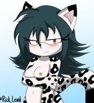 anthro areola arm_under_breasts black_ear_tips black_nose black_spots black_tail_tip blush breasts brown_areola brown_nipples digital_drawing_(artwork) digital_media_(artwork) dipstick_ears dipstick_tail ear_markings fan_character felid female front_view fur gradient_background hair hi_res leopard_spots looking_away lucatiel_(rick_lewd) mammal markings medium_breasts multicolored_ears navel nipples nude pantherine pink_blush rick_lewd sega shy simple_background snow_leopard solo sonic_the_hedgehog_(series) spots spotted_body spotted_fur spotted_markings spotted_tail standing tail tail_markings teal_hair white_body white_fur yellow_eyes