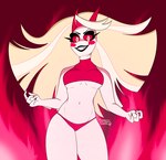 2_horns blonde_hair breasts claws clothed clothing crop_top fangs female fire hair halter_top highlights_(coloring) horn navel open_mouth open_smile panties princess pupils red_clothing red_crop_top red_horn red_panties red_sclera red_shirt red_topwear red_underwear royalty shirt simple_background slit_pupils smile solo standing teeth thick_thighs topwear under_boob underwear underwear_only white_body white_highlights yellow_eyes sparklegoosy hazbin_hotel charlie_morningstar demon demon_humanoid humanoid 2023 artist_name colored hi_res portrait three-quarter_portrait