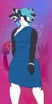 anthro blue_hair blush bracelet clothing dress female fur hair horn jewelry multicolored_body multicolored_fur solo supereft_(artist) amorous mercy_(amorous) bovid caprine mammal 1:2 trans_(lore) trans_woman_(lore)