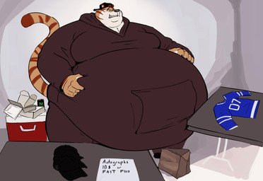 anthro backwards_baseball_cap backwards_hat bag baseball_cap belly belly_grab big_belly box clothing container cooler flustered furniture hat headgear headwear hoodie jersey male moobs overweight overweight_male pockets shirt solo stripes sweatsuit table tail topwear tcw monster_energy felid mammal pantherine tiger hi_res