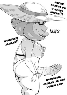 balls big_penis blush breasts butt clothing erection genitals gynomorph hat hat_only headgear headgear_only headwear headwear_only huge_penis intersex mostly_nude penis pseudo_hair solo straw_hat tentacle_hair tentacles text box_chan nintendo splatoon pearl_(splatoon) aquatic cephalopod humanoid inkling mollusk 2025 greyscale hi_res monochrome translated