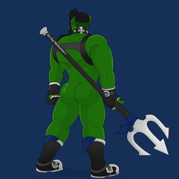 boots butt clothing collar footwear gloves green_body green_skin hair handwear harness male melee_weapon mostly_nude muscular muscular_humanoid muscular_male polearm shoes solo spear trident weapon conditional_dnp notkastar humanoid orc 1:1 alpha_channel