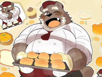 anthro bread brown_body brown_fur chef clothing food fur hat headgear headwear kemono male one_eye_closed overweight overweight_anthro overweight_male shirt solo topwear wink hyaku_(artist) bakery_bear_(hyaku) bear mammal 2021