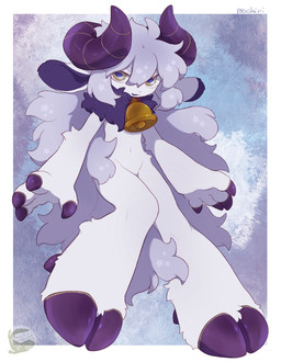 2_horns ambiguous_gender anthro bell bell_collar bovid_horn caprine_horn collar fingers fur goat_horn hair hooved_fingers hooves horn logo neck_tuft purple_hooves purple_horn solo text tuft white_body white_fur white_hair yellow_eyes mochiri bovid caprine mammal sheep 2026 absurd_res artist_logo artist_name cel_shading digital_drawing_(artwork) digital_media_(artwork) hi_res shaded