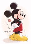 anthro blush clothing flower footwear gloves hands_behind_back handwear male open_mouth open_smile plant simple_background smile solo text tongue sh_disney disney mickey_mouse mammal mouse murid murine rodent 2020 english_text hi_res