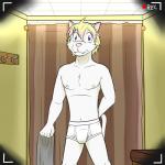 1:1 anthro blonde_hair blue_eyes briefs bulge clothed clothing coat_hook domestic_cat felid feline felis fitting_room front_view fuze grey_clothing hair hi_res holding_clothing holding_object inside looking_at_viewer male mammal nipples one_way_mirror recording solo standing tighty_whities topless underwear vignette white_briefs white_clothing white_underwear