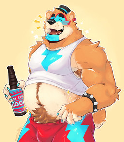 anthro armpit_hair beer_bottle belly big_belly black_nose blue_body blue_fur body_hair bottle bulge clothing container eyes_closed fur happy_trail hat headgear headwear male musclegut muscular orange_body orange_fur overweight pube_peek pubes shirt smile solo tank_top top_hat topwear underwear its_stardog five_nights_at_freddy's five_nights_at_freddy's:_security_breach scottgames steel_wool_studios glamrock_freddy bear mammal absurd_res hi_res