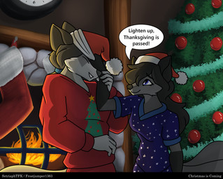 black_hair christmas_clothing christmas_decorations christmas_headwear christmas_stocking christmas_tree clock clothing fireplace fur fur_markings grey_body grey_fur hair hair_over_eye hat headgear headwear holidays long_hair markings pajamas plant purple_eyes purple_flesh purple_mouth santa_hat text tree setriaphtfj christmas kailun_setra lumila_tenris absurd_res english_text hi_res