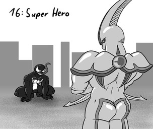 butt crossed_arms crouching duo emblem empty_eyes eye_contact long_tongue looking_at_another male not_furry rivals sharp_teeth teeth text tongue tongue_out macro710 thatweirdguy konami marvel yu-gi-oh! elemental_hero_neos venom_(marvel) alien alien_humanoid duel_monster humanoid symbiote digital_media_(artwork) english_text greyscale hi_res monochrome