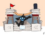 absurd_res anthro bar_stool bed_sheet bedding black_body blue_mouth drone flag furniture hi_res lettuce_(artist) male nelson_(ikefanboy64) pillow pillow_fort sign signature solo stool unknown_species visor welcoming