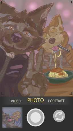 anthro ball_gag camera camera_view date duo food gag gagged halter harness harness_ball_gag harness_gag hidden male male/male muzzle_(object) nude romantic romantic_couple selfie text squobidal canid canine mammal 9:16 english_text hi_res