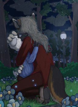 anthro clothed clothing duo female forest forest_background fur grey_body grey_fur hair hug male male/female nature nature_background outside park plant sheep_tail sky smile tail tail_motion tailwag tree white_body white_fur white_wool wolf_tail wool_(fur) stoneonamoss bovid canid canine canis caprine mammal sheep wolf absurd_res digital_media_(artwork) hi_res