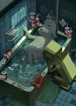anthro bathing bathroom bathtub canned_drink depression detailed_background male messy_room solo water roboinunununu robot_dreams dog_(robot_dreams) robot_(robot_dreams) tin_(robot_dreams) canid canine canis domestic_dog mammal absurd_res hi_res