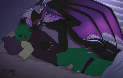 anal anal_penetration anthro balls beak bed bedding blanket blush bodily_fluids bubble_butt butt clothing cum cumshot duo ejaculation eyes_closed feathers flaccid from_behind_position furniture genital_fluids genitals green_body green_feathers half-closed_eyes hand_on_chest hand_under_shirt horn hug hugging_object hugging_pillow humanoid_genitalia humanoid_penis kissing light male male/male moonlight nails narrowed_eyes night nurturer obscured_penetration penetration penis pillow scales sex shirt spikes spikes_(anatomy) spoon_position t-shirt tail topwear underwear wings rentalgf mythology emblem_(566) syl_(synyadriel) avian bird dragon mythological_creature mythological_scalie scalie hi_res