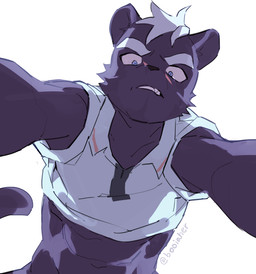 abs adolescent anthro athletic athletic_anthro athletic_male black_body black_fur black_nose bullying clothing collared_shirt crop_top facial_scar fur hair kemono looking_at_viewer looking_down low-angle_view male melanistic navel scar shirt sleeveless_shirt snaggle_tooth solo threatening_viewer topwear white_hair worker young young_anthro young_male booiaher raven_(booiaher) felid leopard mammal pantherine