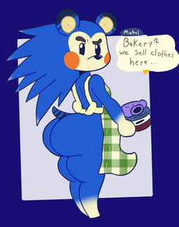 anthro apron apron_only big_butt blue_background blue_body blue_fur butt clothing dialogue female folded_clothing fur green_apron green_clothing looking_at_viewer pattern_apron pattern_clothing plaid plaid_apron plaid_clothing simple_background solo tail text mschaox6 animal_crossing nintendo mabel_able eulipotyphlan hedgehog mammal english_text hi_res