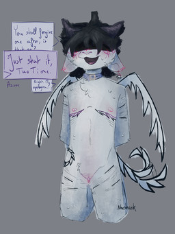 andromorph anthro blindfold bodily_fluids collar collar_only dialogue ear_piercing ear_ring fur genitals grey_body grey_fur intersex mastectomy_scar nude piercing presenting ring_piercing scar self-harm self-harm_scars solo sweat tail tail_motion tailwag tattoo vulva wings noxshark forsaken_(roblox) bovid caprine goat mammal 3:4 hi_res