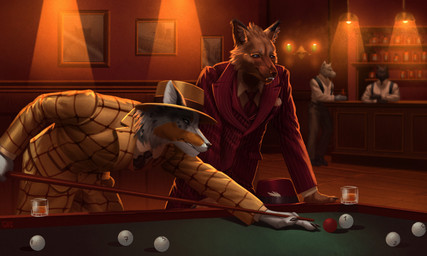 anthro ball bar billiard_ball billiard_table black_necktie blue_eyes bottomwear clothed clothed_male clothing collared_shirt container cue_stick cup dress_shirt drinking_glass duo_focus fedora fully_clothed fully_clothed_male furgonomic_hat furgonomic_headwear furgonomics furniture glass glass_container glass_cup group hat hat_feather headgear headwear inside leaning leaning_forward loose_feather male male_anthro necktie pants purple_eyes red_clothing red_necktie red_suit red_suit_jacket shirt shot_glass smile standing suit suit_jacket suit_vest suspenders table tan_clothing tan_suit tan_suit_jacket topwear vest white_dress_shirt guyinvintageclothes char-leigh bear canid canine fox hybrid mammal maned_wolf hi_res shaded