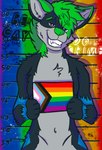 anthro black_body black_fur criminal fur lgbt_pride looking_at_viewer male nude placard pride_color_flag pride_color_placard pride_color_sign pride_color_wall pride_colors progress_pride_colors rainbow_pride_colors six-stripe_rainbow_pride_colors slim smile smirk solo text wall_(structure) helloawoo razz_chowtime canid canine canis mammal wolf absurd_res english_text hi_res