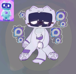 anthro balls blush blush_lines bodily_fluids cum fur genital_fluids genitals grey_background logo logo_on_body looking_at_genitalia looking_at_penis machine male masturbation open_mouth paws penis purple_stripes screen screen_face simple_background sitting solo stripes sweat tail tears thought_bubble white_body white_eyes white_fur unknown_artist messenger_max sferum chatty_(max) robot