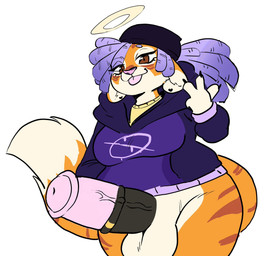4_fingers animal_genitalia animal_penis anthro balls beanie big_breasts blep bottomless breasts brown_eyes bulge clothed clothing dipstick_tail dreadlocks ear_piercing equine_genitalia equine_penis erection fingers fur genitals gesture gynomorph halo hand_gesture hand_in_pocket hat headgear headwear hoodie intersex looking_at_viewer markings medial_ring orange_body orange_fur penis piercing pockets shirt simple_background solo striped_body striped_fur striped_markings striped_tail stripes t-shirt tail tail_markings tongue tongue_out topwear v_sign vein white_background anaugi mae_(cinnslurpssoda) felid mammal pantherine tiger 2024 hi_res