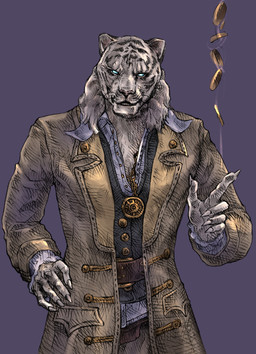 anthro blue_eyes coin fur male nails solo white_body white_fur tomato_(artist) bethesda_game_studios microsoft the_elder_scrolls the_elder_scrolls_online zerith-var felid khajiit mammal pantherine tiger