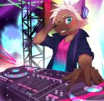 anthro disc_jockey electronics headphones kemono male male_anthro one_eye_closed solo turntable_(decks) wink tarobandit canid canine mammal 2019 absurd_res hi_res