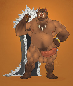 5_fingers 5_toes anthro arm_hair armpit_hair ball_tuft balls beard big_balls big_muscles big_penis bodily_fluids body_hair brown_body brown_fur brown_hair cape chest_hair clock clothing erection eyebrows facial_hair feet fingers fur genital_fluids genitals hair hairy hand_on_hip happy_trail huge_penis humanoid_feet humanoid_genitalia humanoid_hands humanoid_penis jewelry leg_hair looking_at_viewer male musclegut muscular muscular_anthro muscular_male necklace nipples nude penis pink_nipples pink_nose pink_penis plantigrade precum red_eyes ring simple_background solo standing thick_eyebrows toes tuft tusks vein veiny_penis watch wristwatch kazushi broody mammal suid suine sus_(pig) wild_boar 2017 hi_res