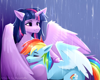 blush cuddling cutie_mark duo eyes_closed female feral horn raining simple_background sitting sleeping smile wings buvanybu friendship_is_magic hasbro my_little_pony mythology rainbow_dash_(mlp) twilight_sparkle_(mlp) equid equine mammal mythological_creature mythological_equine pegasus winged_unicorn 5:4