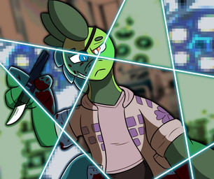 4_fingers ambiguous_gender anthro black_bottomwear black_clothing black_eye_patch black_eyewear black_pants blood blue_eyes bodily_fluids bottomwear clothing dutch_angle eye_patch eyewear fingers front_view frown green_body green_hair green_scales grey_clothing grey_jacket grey_shirt grey_topwear grin hair heterochromia holding_object jacket medical_instrument pants pupils purple_clothing purple_jacket purple_topwear red_eyes scales scalpel scientific_instrument sharp_teeth shirt smile solo split_personality surgical_instrument teeth topwear white_pupils marfolio cutting_edge:_roots_of_mutation peri_maddock helmeted_lizard lizard plumed_basilisk reptile scalie 2025 hi_res nonbinary_(lore)