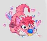 alternate_species cheek_tuft cupcake eating eyebrows facial_tattoo facial_tuft female feral feral_with_hair food furrification hair heart_symbol inner_ear_fluff leg_wraps pawpads pink_body pink_hair pink_nose quadruped short_hair simple_background solo tattoo tuft white_background wraps maryvirgin arcane_(tv_series) league_of_legends riot_games tencent vi_(arcane) domestic_cat felid feline felis mammal 2025 absurd_res hi_res
