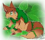 abstract_background brown_body brown_fur brown_nose brown_pawpads clenched_teeth countershading ears_back featureless_crotch feral fur green_eyes leaf male nervous pawpads paws pivoted_ears plant sitting solo spread_legs spreading teeth thorns whiskers flamewolf22 canid canine fox leafox mammal 2018