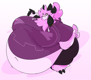 anthro big_breasts bottomwear breasts clothing ear_piercing female fur horn huge_breasts hyper hyper_breasts long_ears looking_at_viewer morbidly_obese morbidly_obese_anthro morbidly_obese_female neck_tuft obese obese_anthro obese_female overweight overweight_anthro overweight_female pants piercing pink_body pink_fur red_eyes shirt solo t-shirt thick_thighs topwear tuft weighty-kyte blythe_(weighty-kyte) bovid caprine goat mammal 2025