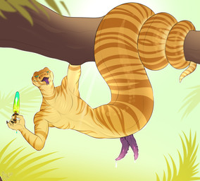 2_penises animal_genitalia animal_penis anthro apode blue_eyes bodily_fluids branch claws cum diphallism erection featureless_chest fingers food genital_fluids genitals hanging_from_branch hemipenes horizontal_diphallism in_tree legless looking_at_viewer male multi_genitalia multi_penis multicolored_body nude on_branch outdoor_nudity outside penis plant popsicle popsicle_melting popsicle_stick precum ribbed_penis scales serpentine smile solo tail tongue tongue_out tree yellow_body yellow_scales sepiaflux xipilli draconcopode naga reptile scalie snake digital_media_(artwork)