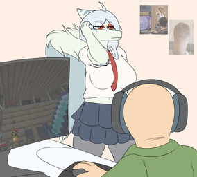 accessory alternate_costume anthro bald big_breasts biped blue_body blue_scales bone_frill bored bottomwear breasts canon_couple clothing computer_mouse duo elbow_feathers electronics eyebrow_through_hair eyebrows feathered_wings feathers female fingers frill_(anatomy) frown green_clothing green_shirt green_topwear grey_body grey_bottomwear grey_clothing grey_feathers grey_hair grey_skirt hair half-closed_eyes hand_on_head headphones human_on_anthro humanoid_hands interspecies long_hair male male/female markings narrowed_eyes navel necktie non-mammal_breasts pink_background red_eyes scales school_uniform shirt simple_background sitting skirt standing striped_markings stripes topwear translucent translucent_hair uniform walking white_clothing white_shirt white_topwear wings hyuvevo cavemanon_studios goodbye_volcano_high ko_op_(game_developer) microsoft minecraft mojang snoot_game xbox_game_studios anon_(snoot_game) fang_(gvh) human mammal prehistoric_species pterosaur reptile scalie 2025 absurd_res colored hi_res reference_image