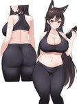 big_breasts big_butt black_hair bottle bottomwear bra breasts butt clothing container female hair long_hair pants simple_background smile solo sports_bra underwear water_bottle yellow_eyes yoga_pants kuavera azur_lane atago_(azur_lane) animal_humanoid canid canid_humanoid canine canine_humanoid fox_humanoid humanoid mammal mammal_humanoid