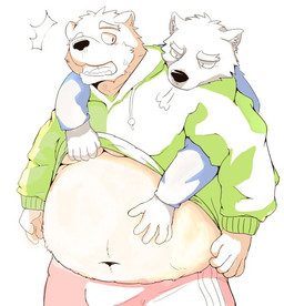 anthro belly bottomwear clothing deep_navel duo hoodie humanoid_hands male navel overweight overweight_male pants simple_background topwear undressing white_background boar_stag144 bear canid canine mammal 2015