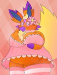 anthro bell bell_collar big_breasts bra breasts clothing collar dress eyewear female flower footwear freckled_breasts freckles fusion glasses huge_breasts musk overweight plant pokemon_fusion socks solo squish thick_thighs thigh_squish underwear nanabsylve nintendo pokemon fan_character eeveelution espeon flareon generation_1_pokemon generation_2_pokemon pokemon_(species) hi_res trans_(lore) trans_woman_(lore)