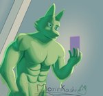 abs abstract_background anthro athletic athletic_anthro athletic_male biceps blue_eyes cellphone electronics green_body green_slime male muscular muscular_anthro muscular_male pecs phone slime solo morinkashi canid canine canis goo_creature hybrid mammal wolf