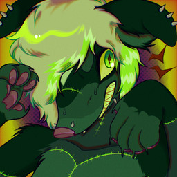 ambiguous_gender anthro bodily_fluids claws countershading facial_piercing fur glistening glistening_eyes green_body green_fur halftone_background halftone_dots halftone_shading looking_aside pattern_background pawpads paws piercing simple_background solo stitch_(sewing) sweat yellow_background sodopeboi grudge_(skunkbitez) canid canine canis domestic_dog hybrid mammal mephitid skunk undead zombie 1:1 halftone hi_res icon