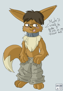 after_transformation anthro biped bipedal_feral blush bottomwear brown_body brown_fur brown_hair clothed clothing collar cute_fangs embarrassed eyewear fangs feral fur glasses grey_background hair holding_bottomwear holding_clothing holding_object holding_pants male mane open_mouth oversized_bottomwear oversized_clothing oversized_pants pants partially_clothed sharp_teeth shrunk simple_background solo tan_body tan_fur teeth text topless moofers-mufa nintendo pokemon eevee generation_1_pokemon pokemon_(species) english_text