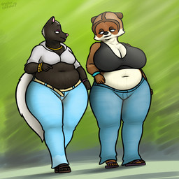anthro anthrofied belly big_breasts bottomwear breasts cleavage clothed clothing crop_top crossgender denim denim_bottomwear denim_clothing duo female footwear jeans mature_female outside pants sandals shirt shoes slightly_chubby topwear wide_hips oystercatcher7 over_the_hedge rj_(over_the_hedge) stella_(over_the_hedge) mammal mephitid procyonid raccoon skunk 1:1 hi_res