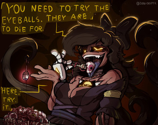 4_hands arm_tattoo armband big_breasts black_body black_clothing black_dress black_hair black_sclera black_tentacles blood blue_tongue bodily_fluids bow_ribbon breasts brown_body brown_skin cannibalism clothing command corpse corset cutlery dialogue directional_arrow disguise dominant dominant_female dress evil_face evil_grin eyeball fangs female fork grey_body grey_tongue guts hair holding_fork kitchen_utensils lines_on_body lingerie long_hair long_tongue machine metal metallic_body mouth_shot multi_hand narrowed_eyes nerves nightmare_fuel number open_mouth organs pigtails saliva saliva_on_tongue saliva_string scar scars_all_over screen screen_face seam_(sewing) segmented_body severed_body_part sharp_teeth simple_background skinsuit smile smug smug_face smug_grin solo speech_bubble stitch_(sewing) surgical_suture tattoo teeth tentacles text tight_clothing tongue tools topwear twintails_(hairstyle) white_body x_eyes yellow_armband yellow_eyes yellow_text diddlydooter1 glitch_productions murder_drones cyn_(murder_drones) tessa_(murder_drones) eldritch_abomination human humanoid mammal patchwork_creature robot robot_humanoid undead worker_drone zombie artist_name digital_drawing_(artwork) digital_media_(artwork) hi_res signature