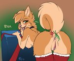 2015 anthro anus blush breasts butt canid canine canis christmas clitoral_hood clitoris clothed clothing collar conditional_dnp digital_media_(artwork) domestic_dog erect_nipples exposure_variation female fluff-kevlar fluffy fluffy_tail fur genitals green_eyes holidays kissing_bough legwear looking_at_viewer looking_back looking_back_at_viewer mammal mistletoe mostly_nude nipples open_mouth plant pomeranian presenting presenting_anus presenting_hindquarters presenting_pussy pussy raised_tail rear_view rika_(rika) simple_background solo spitz stockings tail text thigh_highs tongue tongue_out y_anus