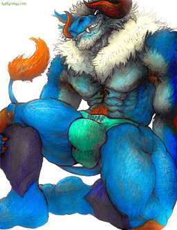 anthro blue_body blue_fur clothing fur hairy jockstrap looking_at_viewer male muscular musk orange_body orange_fur solo tattoo underwear yagi_b._(artist) huffaromas bovid bovine cattle hybrid mammal character_request