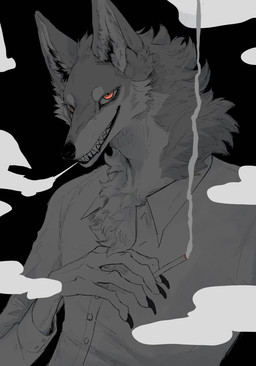anthro black_background black_claws cigarette claws clothing collared_shirt countershade_face countershade_fur countershade_neck countershade_torso countershading dress_shirt exhaling_smoke eyebrows fangs finger_claws fur grey_body grey_ears grey_fur grin holding_cigarette holding_object inner_ear_fluff looking_at_viewer male pupils red_eyes shirt simple_background smile smoke smoking solo teeth toothy_grin topwear tuft white_body white_clothing white_countershading white_dress_shirt white_eyebrows white_inner_ear_fluff white_sclera white_shirt white_topwear zumi3 canid canine canis mammal wolf 2023 digital_drawing_(artwork) digital_media_(artwork) half-length_portrait hi_res monochrome portrait spot_color