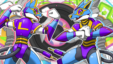 ambiguous_gender anthro black_butt black_tail blue_arms blue_body blue_ears butt clothed clothing duo fist front_view looking_at_viewer machine metallic_body multicolored_body open_mouth pink_sclera purple_body purple_butt rear_view red_tongue tail tongue white_fingers white_hands yellow_nose megawolf77 subwoofy_l subwoofy_r canid canine canis mammal robot wolf 16:9 2025 4k absurd_res hi_res widescreen