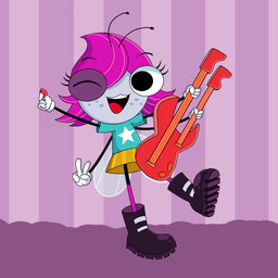 antennae_(anatomy) anthro big_eyes blue_clothing blue_shirt blue_topwear boots bottomwear clothing double-neck_guitar electric_guitar eyelashes female footwear freckled_face freckles gloves grey_body grey_skin guitar hair handwear insect_wings inside musical_instrument orange_bottomwear orange_clothing orange_skirt pink_clothing pink_footwear pink_hair pink_socks plucked_string_instrument purple_boots purple_clothing purple_footwear red_guitar shirt shoes skirt socks solo string_instrument t-shirt topwear white_clothing white_gloves white_handwear wings 3rneant0nny disney the_buzz_on_maggie maggie_pesky arthropod fly_(animal) insect 1:1 absurd_res hi_res
